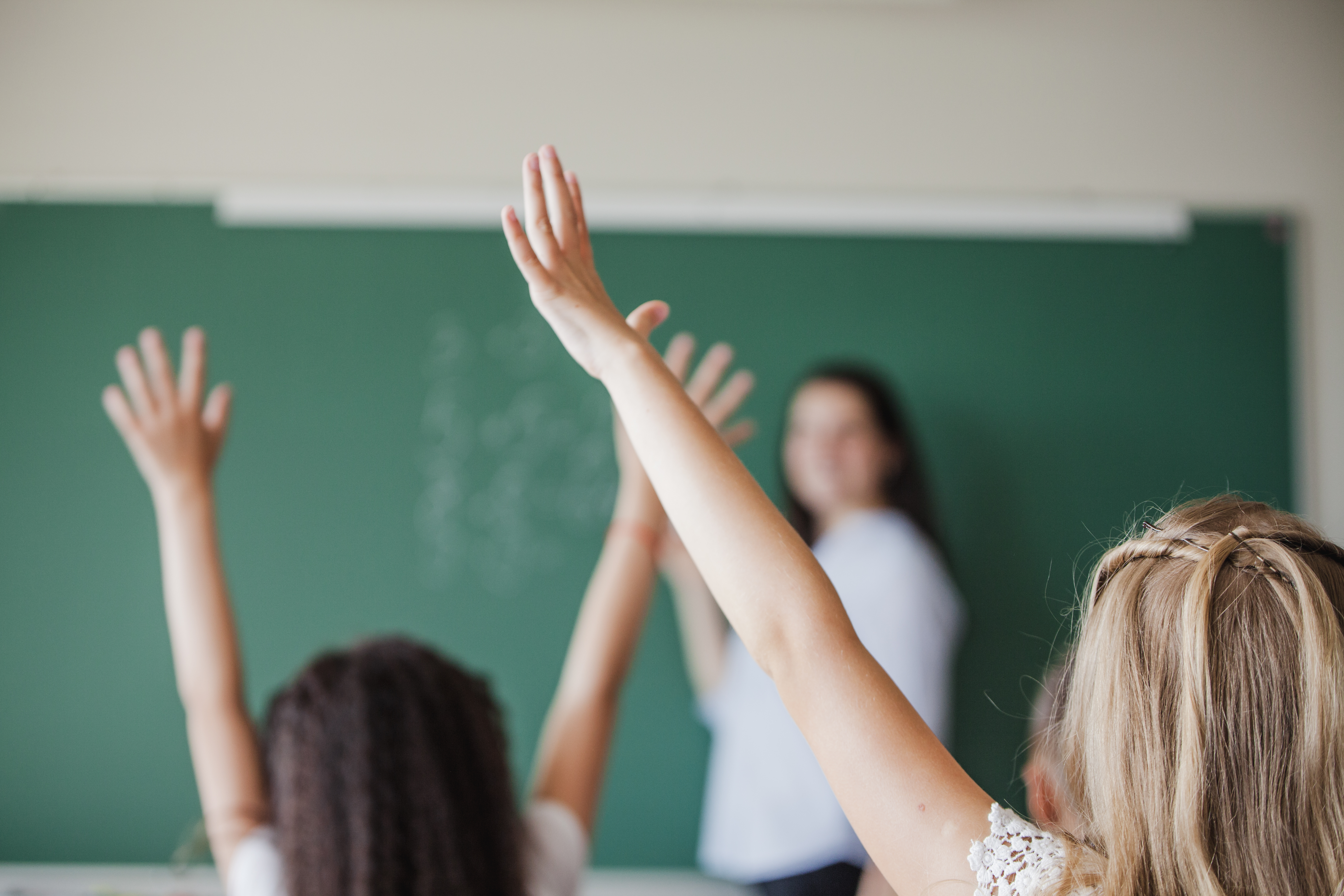 Children In Classroom With Raised Hands 2