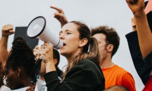 Group Protesters with Megaphone